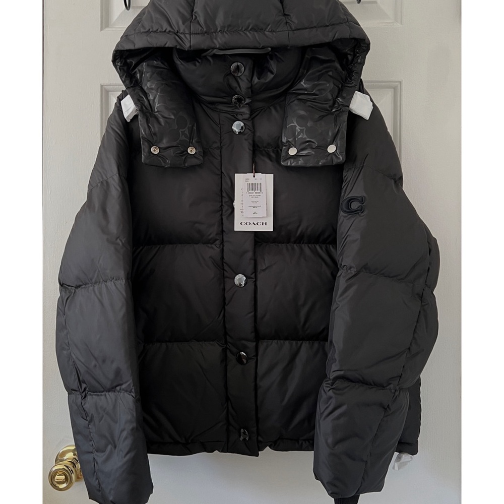 $650 NEW COACH Short Down Puffer Logo Jacket Black Women’s Size Medium Large